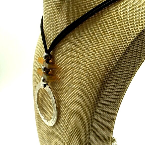 Hammered Open Circle Silver-tone Pendant Necklace Leather Cord - Picture 2 of 16